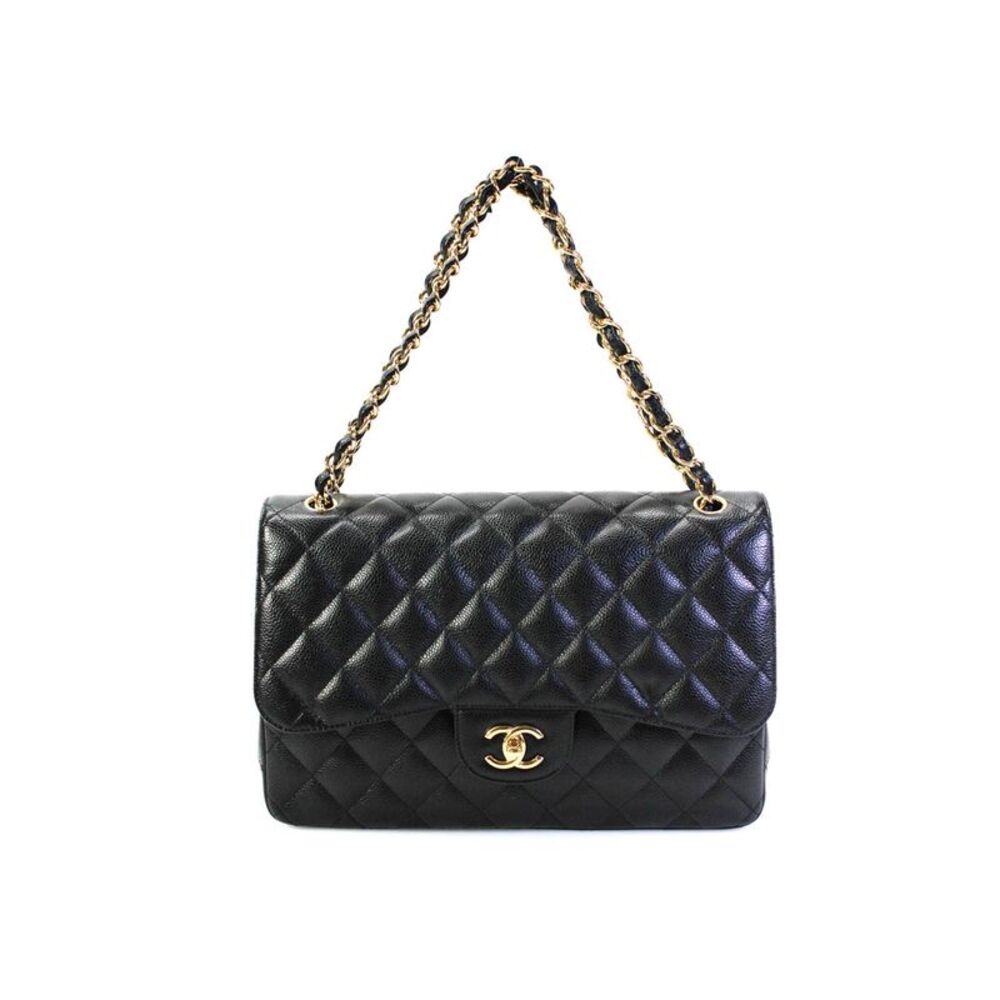 Chanel Womens Caviar Leather Classic Jumbo Double Flap Bag Handbag Black